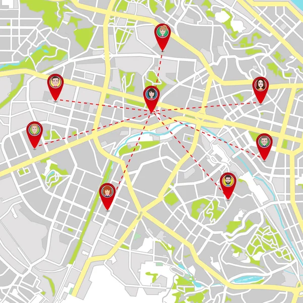 Geschäftsnetzwerkkarte. Stadtplan. Unternehmensnetzwerk der Stadt — Stockvektor