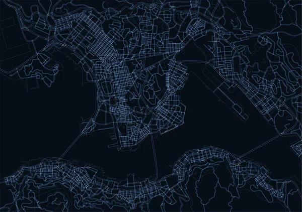 香港、中国の青、暗い青ベクトル地図です。都市計画香港 K — ストックベクタ