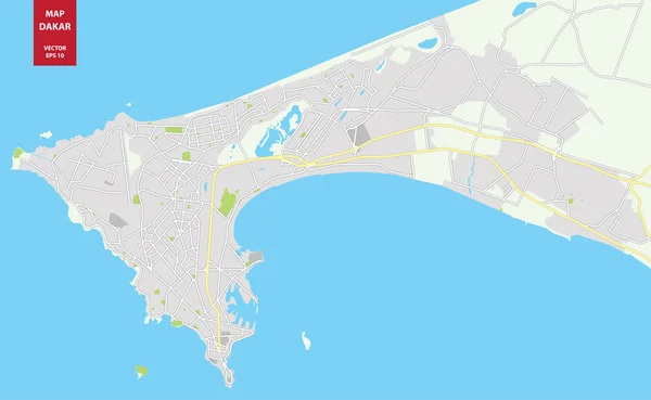 Carte vectorielle en couleur de Dakar, Sénégal. Plan de la ville de Dakar — Image vectorielle