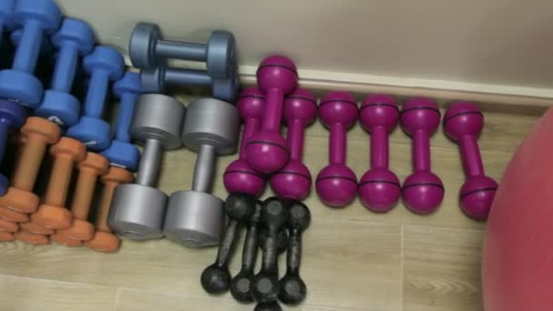 Colored dumbbells in the gym — Stock Video