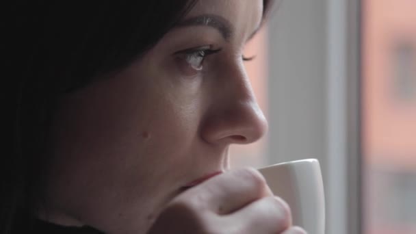 Brunette buvant du café et regardant par la fenêtre — Video