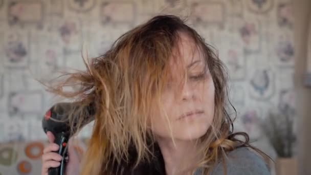 Das Mädchen trocknet sich die Haare mit einem Föhn — Stockvideo