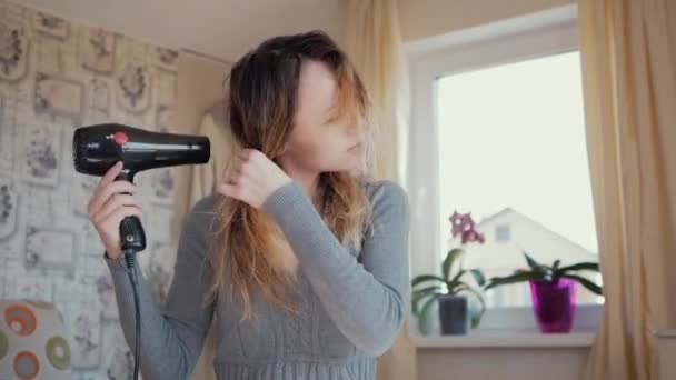 La chica se seca el pelo con un secador de pelo — Vídeos de Stock