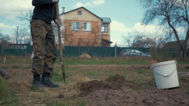 Een man graaft de grond met een schop — Stockvideo