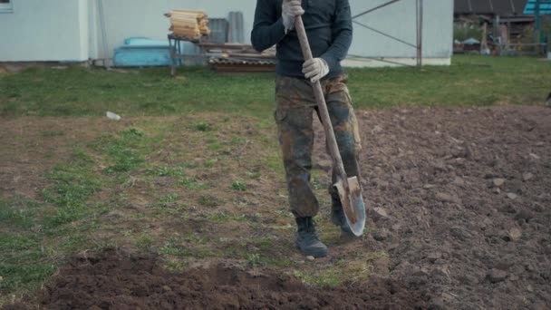 En man gräver marken med en spade — Stockvideo