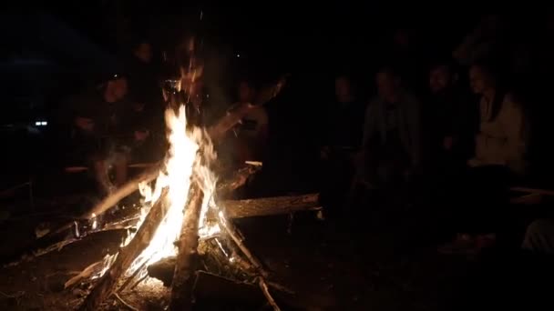 Gente en un viaje de campamento sentada junto al fuego y tocando la guitarra — Vídeo de stock