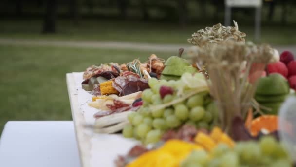 Vespas voam sobre a fruta durante um banquete ao ar livre — Vídeo de Stock