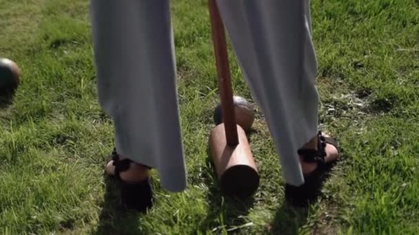 Mensen in zakenpakken spelen croquet. — Stockvideo