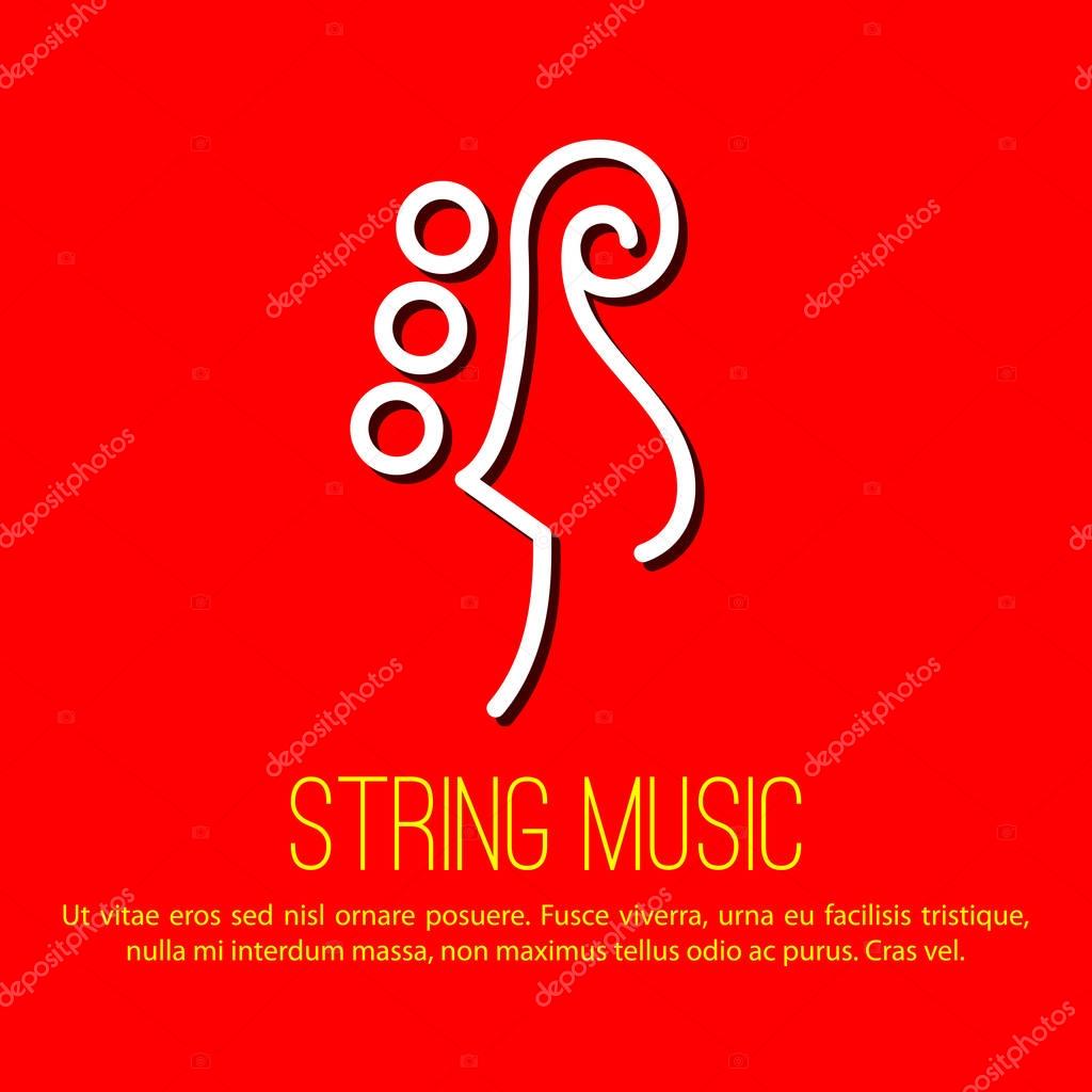 Modern linear thin flat design. The stylized image of neck of violin. White contour on bright red background with text. Template for covers, logo, posters, invitations.