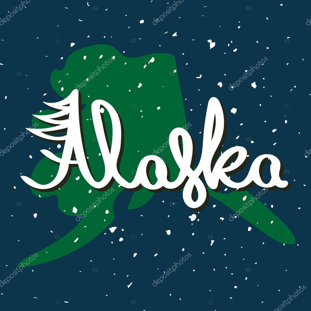 Hand drawn typographic poster with lettering elements on the theme of the symbols of the United States. Alaska.