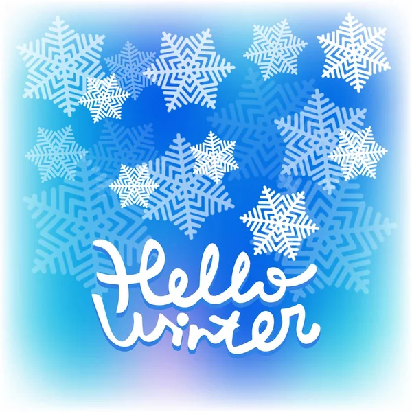 Tarjeta de felicitación de Navidad. Elemento de letras en forma de caligrafía felicitaciones por fondo azul borroso con copos de nieve. Hola invierno . — Vector de stock