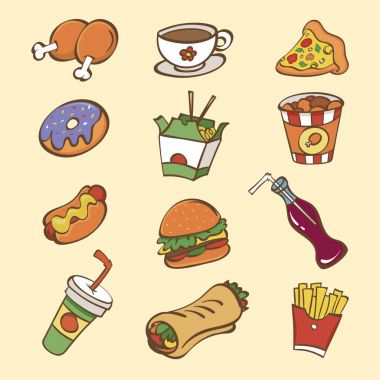 el set çeşitli lokanta ile çizin. Sosisli sandviç, hamburger, pizza dilimi, tavuk, patates kızartması, kahve, rulo, kola