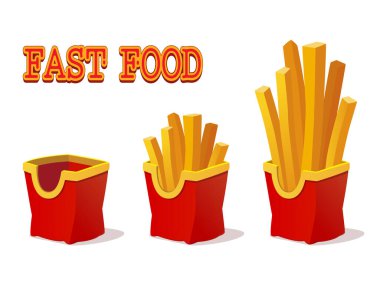 El yapımı patates kızartması. Kırmızı karton kutuda patates kızartması. Beyaz arka planda izole edilmiş. Küçük, büyük boy patates kızartması. Fast food