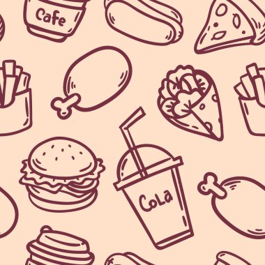 Hand draw hot dog, hamburger, pizza slice, chicken,fries, cola. sepia pattern background. Fast food seamless vector pattern.
