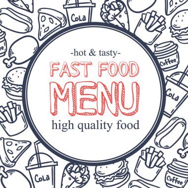 Fast food banner.Hand drawn fast food doodle. Snack collection. Junk food cafe. Vector illustration