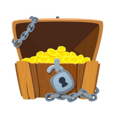 Treasure chest for game. Dower chest on white background. wooden chest with coins. Vector illustration