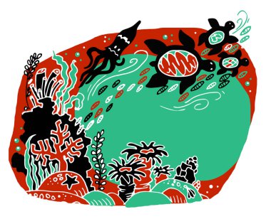 Kaplumbağaları ile deniz dünya kompozisyon. Denizin dibindeki. Okyanus ve deniz yaşamı. Mercan, kum ve bir balık. Sualtı dünyası.