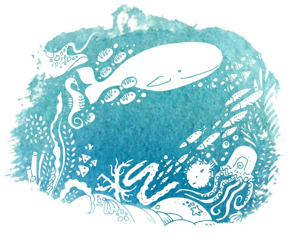 Η θάλασσα κόσμο σύνθεση με φάλαινα. Ζωγραφική με νερομπογιές. Το βυθό της θάλασσας. Τον ωκεανό και τη θαλάσσια ζωή. Κοραλλιογενή ύφαλο, άμμο, και ένα ψάρι. Υποβρύχιος κόσμος. — Φωτογραφία Αρχείου