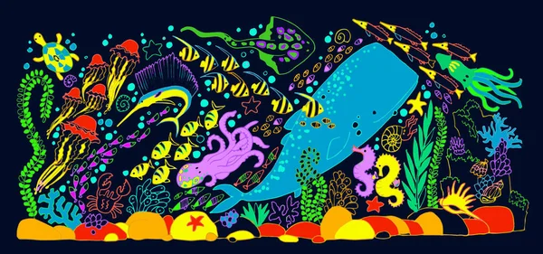 Sea world sammansättning med kaskelot. Botten av havet. Ocean och det marina livet. Korallrev, sand och en fisk. Undervattensvärlden. — Stockfoto