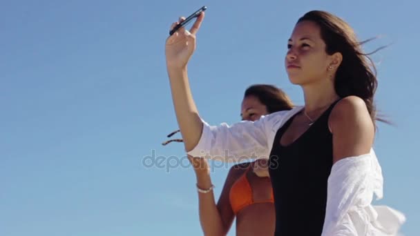 Hermanas gemelas pasando el rato en playa — Vídeos de Stock