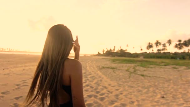 황혼에 해변에 서 있는 여자 — 비디오