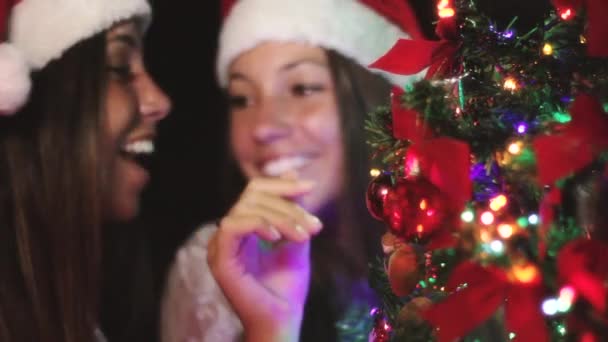 Hermanas decorando el árbol de Navidad — Vídeos de Stock