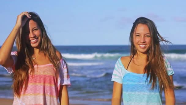 Tvillingsystrar på stranden — Stockvideo