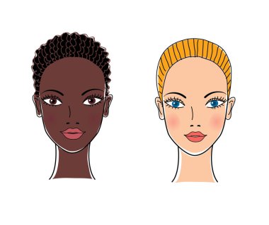 Avrupa ve afro kadın yüz Portreler.