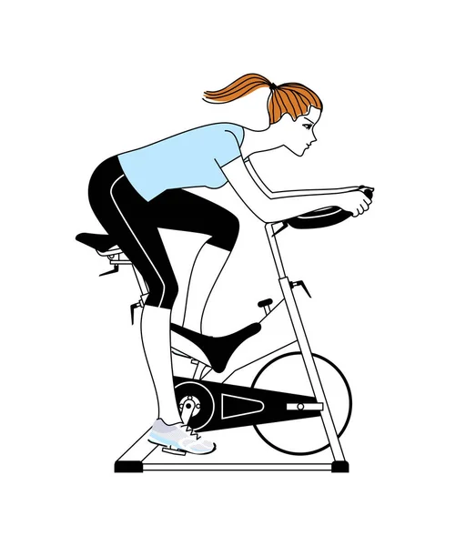 Belle jeune femme faisant de l'exercice à la machine à vélo fixe . — Image vectorielle