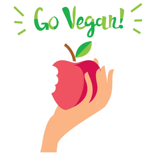 Αφίσα πάει vegan. Γυναίκα χέρι κρατά ένα κόκκινο μήλο. — Διανυσματικό Αρχείο