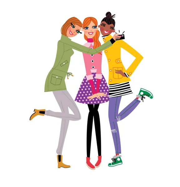 Tres chicas de moda riendo y haciendo fotos juntas . — Vector de stock