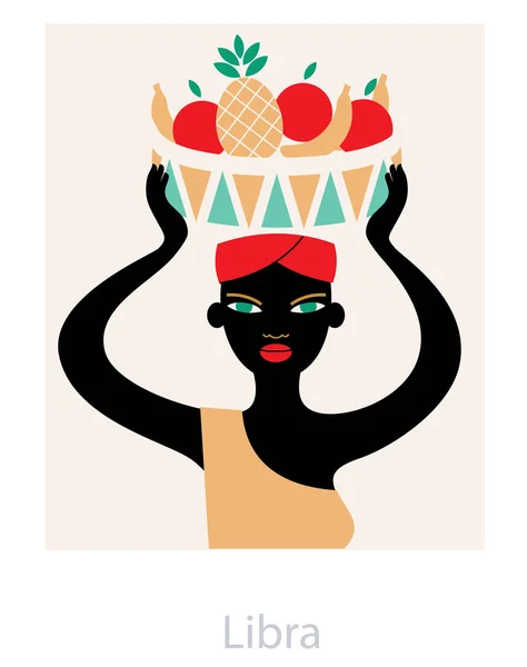 Balance horoscope signe comme une femme portant un panier de fruits plein d'ananas et de pommes sur sa tête . — Image vectorielle