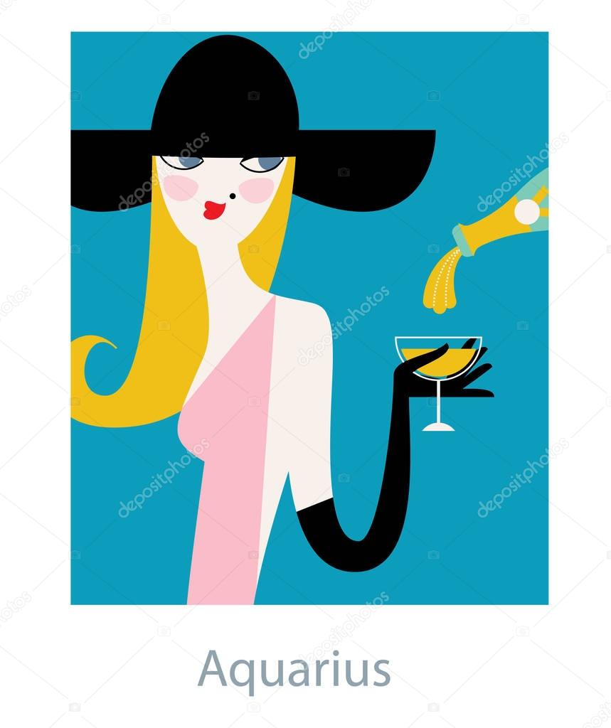 Aquarius horoscope sign as a woman drinking champagne and wearing big retro style hat. 