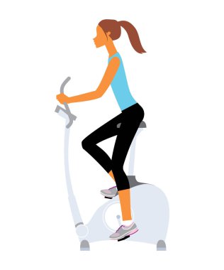 Kız bir sabit Bisiklet makine sürme. Vektör çizim