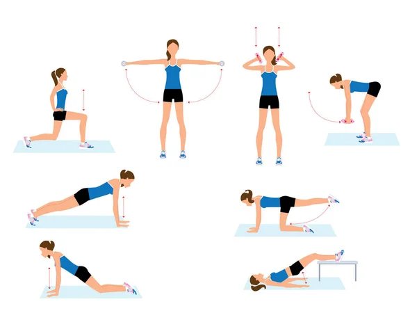 Woman doing fitness workout. Set of the female exercises. — Stock Vector