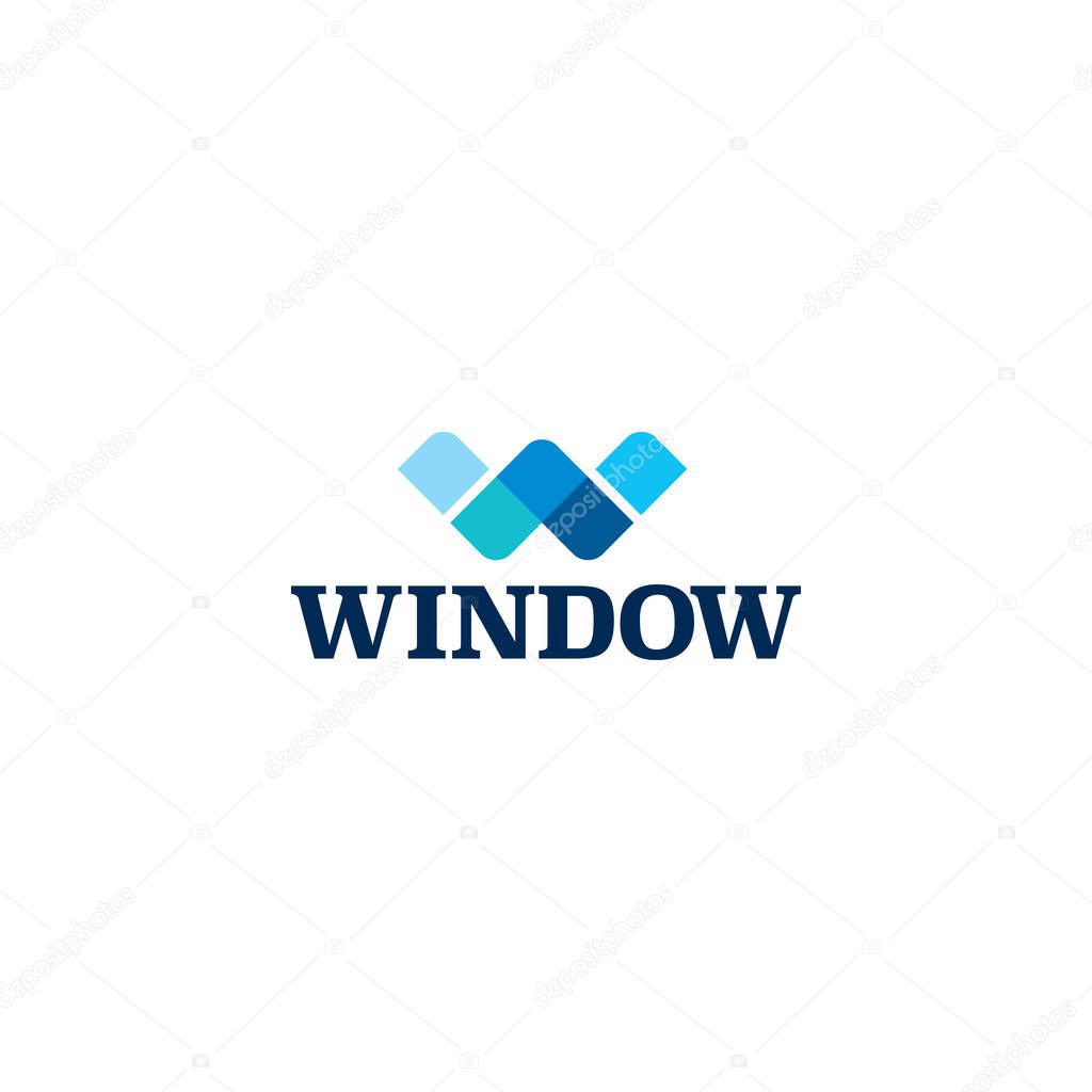 Window building company logotype as blue W shaped sign made from the glasses elements and text. Vector illustration