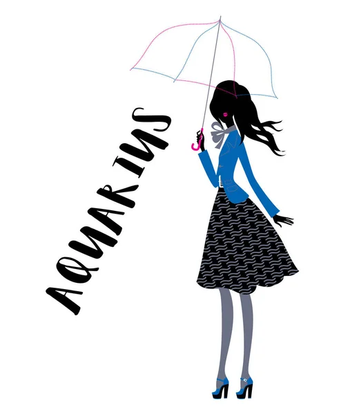 Wassermann-Frauenhoroskop als Modemädchen, das unter dem Regenschirm wandelt. — Stockvektor