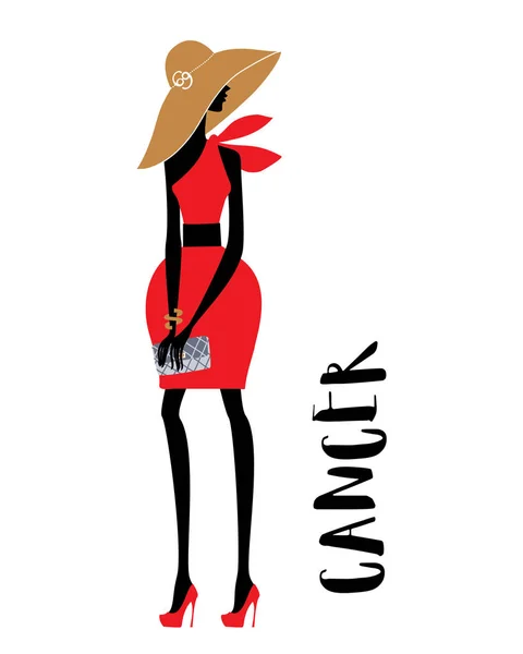 Krebs Modefrau trägt rotes Partykleid und großen Hut im Retro-Stil. — Stockvektor