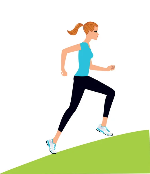 Fitness kıyafeti giymiş ve tepeye çalışan genç bir kadın. Vektör çizim.