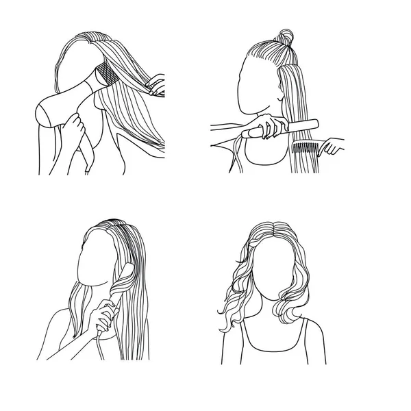 Mujer haciendo cabello curvo peinado con plancha. Ilustración vectorial . — Vector de stock