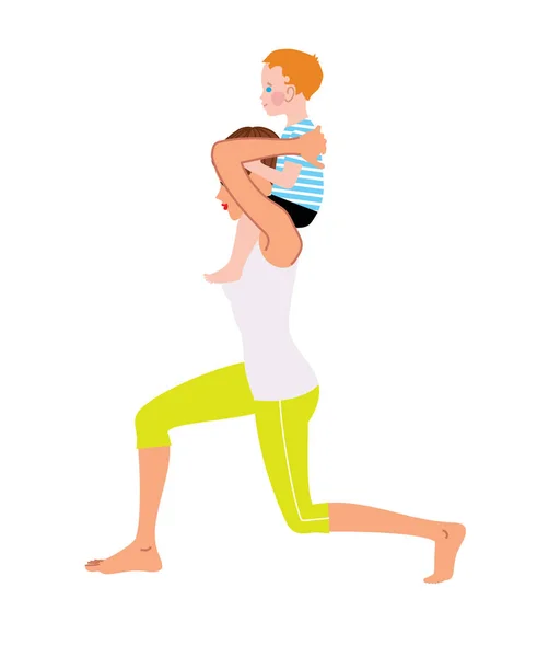 Mother doing lunges exercise with a baby on her shoulders. — Stock Vector