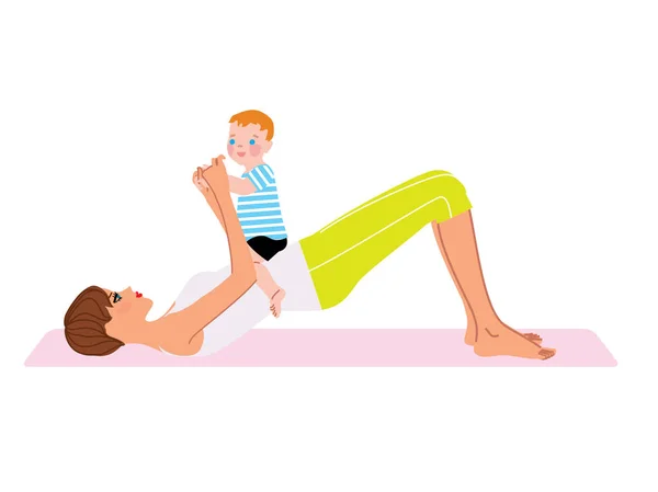 Genç kadının karnı üzerinde oturan bir bebekle Fitness Egzersiz yapması