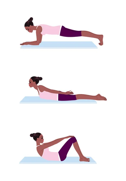 Siyah kadın egzersiz germe yoga yaparken. — Stok Vektör