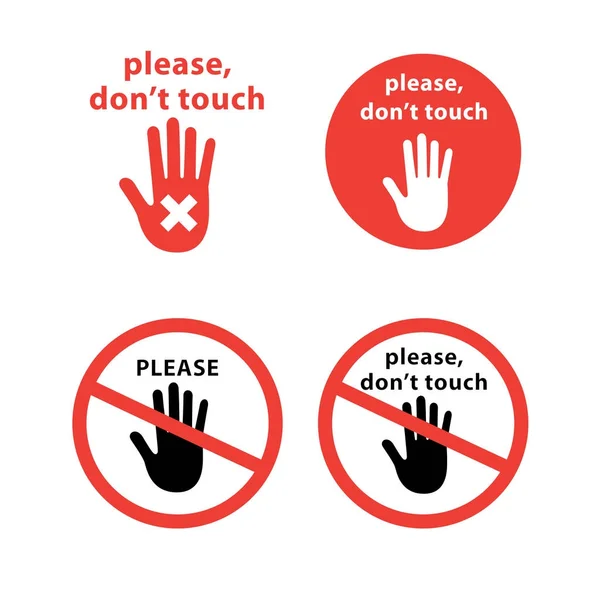 Geen tekenen instellen met de palm van de hand. Gelieve niet aanraken symbool in een rode cirkel. — Stockvector