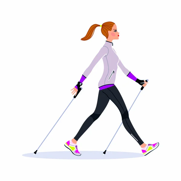 Mooie jonge vrouw dragen fitness outfit lopen met wandelstokken — Stockvector