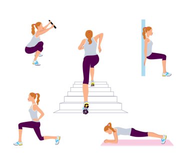 Kadın egzersiz egzersiz yapıyor. Plank, çalışan üst katta, ağız kavgası, lunges vektör çizim.