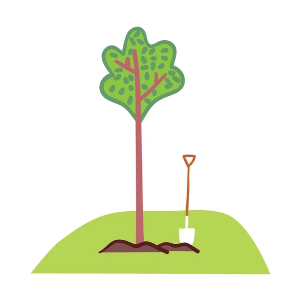 Plante uma árvore e salve a ilustração do planeta com a árvore verde plantada e pá . —  Vetores de Stock