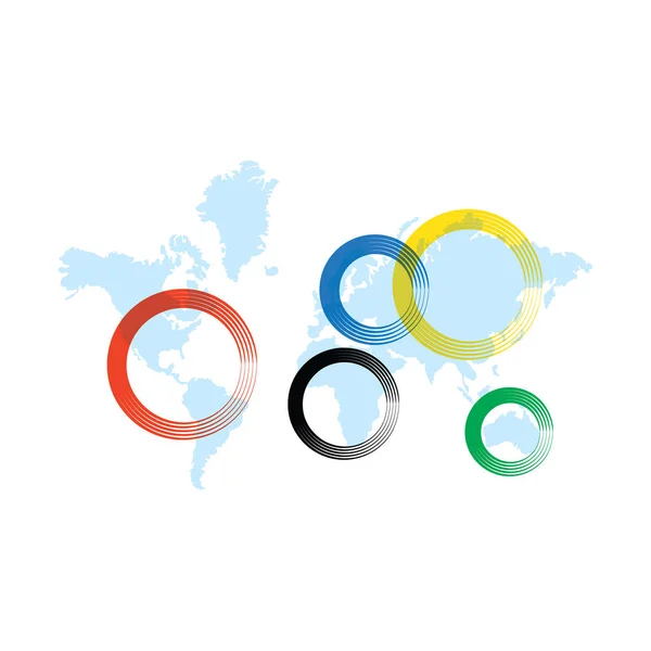 Anneaux olympiques sur fond de carte. Jeux Olympiques continents concept . — Image vectorielle