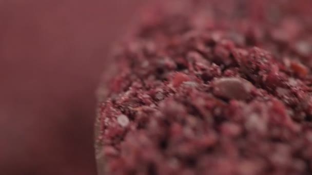 Close-up de sumac de especiarias em uma colher de madeira — Vídeo de Stock