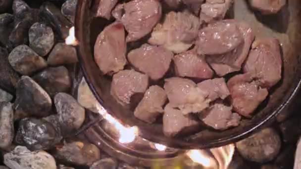 Steka kött i en kastrull på spisen — Stockvideo